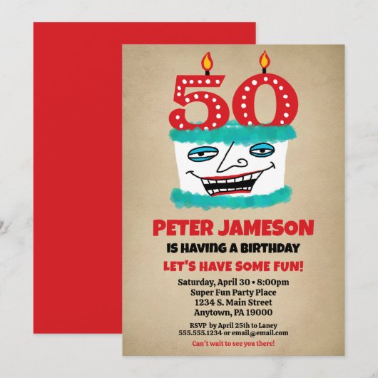 Uitnodiging voor 50e verjaardag Funny Cake Casual  (Voorkant / Achterkant)