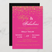 Uitnodiging voor 50e verjaardag in heet roze en zw (Voorkant / Achterkant)