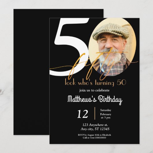 Uitnodiging voor 50e verjaardag met foto (Voorkant / Achterkant)