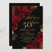 Uitnodiging voor 50e verjaardag met goud & rode ro (Voorkant / Achterkant)