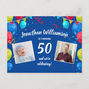 Uitnodiging voor 50e verpartij, 2 foto's, ballonne