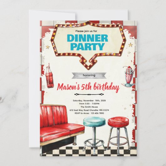 uitnodiging voor 50s dinerfeest (Voorkant)