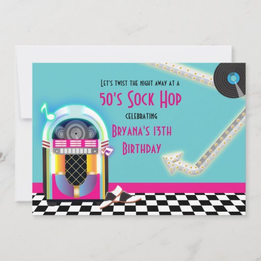 Uitnodiging voor 50's Jukebox Dance Party Sock Hop (Voorkant)