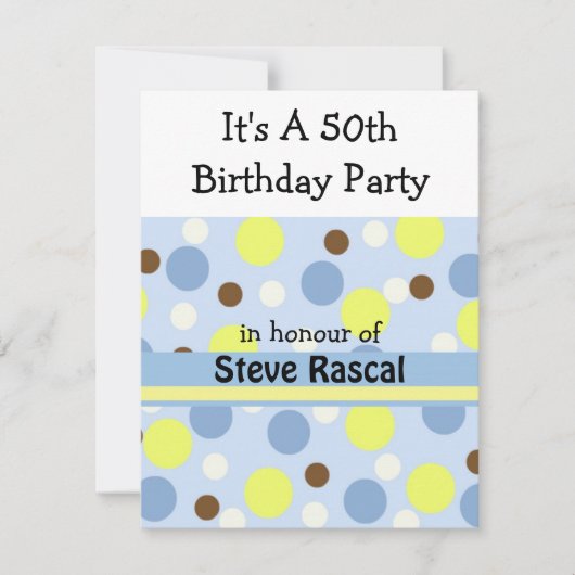 Uitnodiging voor 50ste verjaardag met blauwe polka (Voorkant)