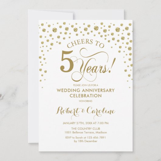 Uitnodiging voor 5-jarig jubileumfeest in goud en (Voorkant)