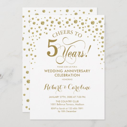 Uitnodiging voor 5-jarig jubileumfeest in goud en (Voorkant / Achterkant)