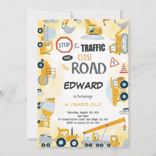 Uitnodiging voor 5e verjaardag bouw jongen (Voorkant)