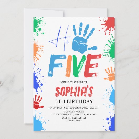 Uitnodiging voor 5e verjaardag met high five (Voorkant)