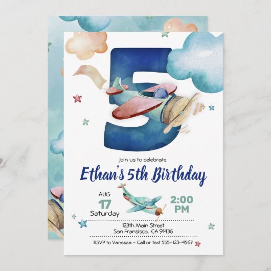 Uitnodiging voor 5e verjaardag van vliegtuig - Vli (Voorkant / Achterkant)