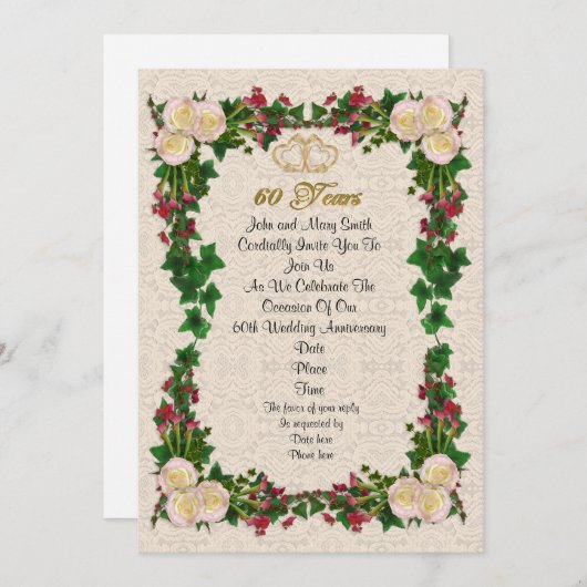 Uitnodiging voor 60-jarig jubileumfeest met rozen (Voorkant / Achterkant)