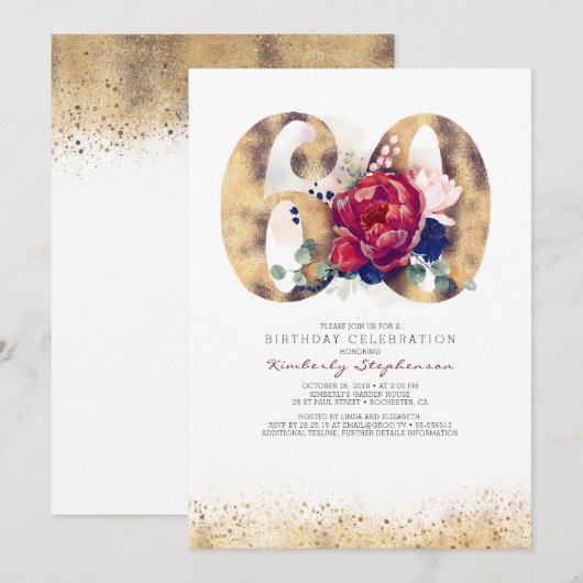 Uitnodiging voor 60e verjaardag - Navy Blue en Bou (Voorkant / Achterkant)