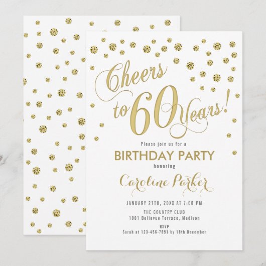 Uitnodiging voor 60e verjaardagsfeestje - Gold Whi (Voorkant / Achterkant)