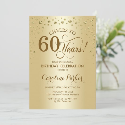 Uitnodiging voor 60e verjaardagsfeestje - Goud (Staand voorkant)