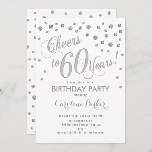 Uitnodiging voor 60e verjaardagsfeestje - Zilver W (Voorkant / Achterkant)