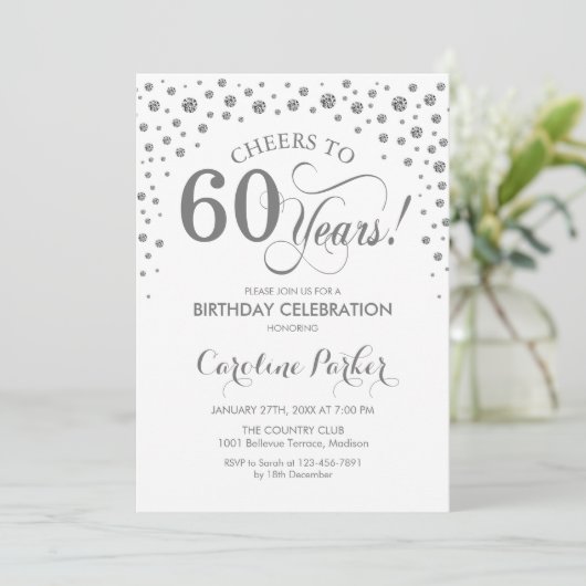 Uitnodiging voor 60e verjaardagsfeestje - Zilver W (Staand voorkant)
