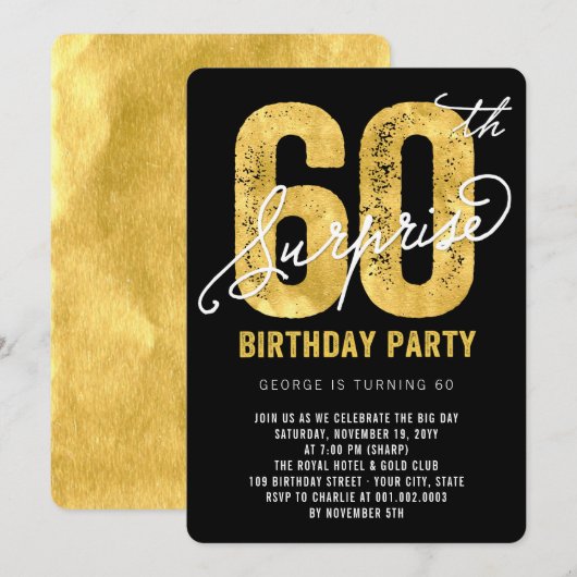 Uitnodiging voor 60ste verjaardagsfeest met goud f (Voorkant / Achterkant)