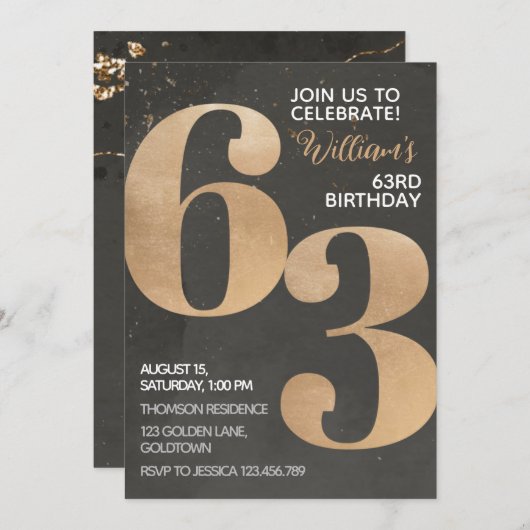 Uitnodiging voor 63ste verjaardag in goud en zwart (Voorkant / Achterkant)