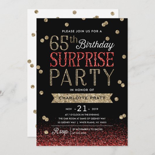 Uitnodiging voor 65e verjaardagsfeest met glitterc (Voorkant / Achterkant)