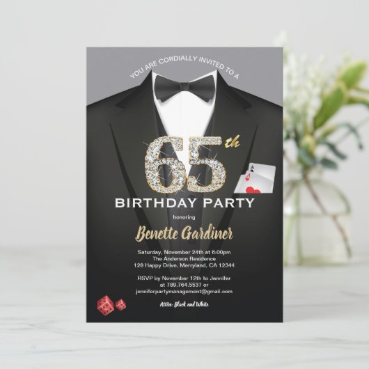 Uitnodiging voor 65ste verjaardag in casino. Zwart (Staand voorkant)