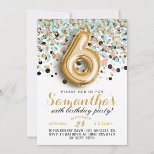 Uitnodiging voor 6de verjaardag met confetti