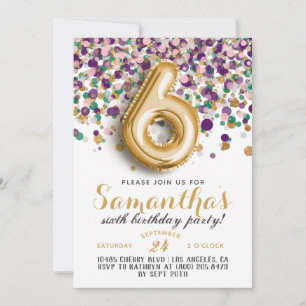 Uitnodiging voor 6de verjaardag met confetti