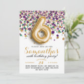 Uitnodiging voor 6de verjaardag met confetti (Staand voorkant)
