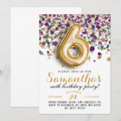 Uitnodiging voor 6de verjaardag met confetti (Voorkant / Achterkant)