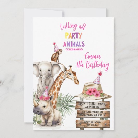 Uitnodiging voor 6de verjaardag Party Animals | Sa (Voorkant)