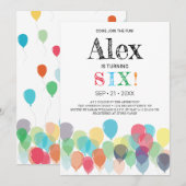 Uitnodiging voor 6e verjaardag ballonnen (Voorkant / Achterkant)