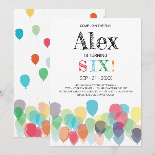 Uitnodiging voor 6e verjaardag ballonnen (Voorkant / Achterkant)