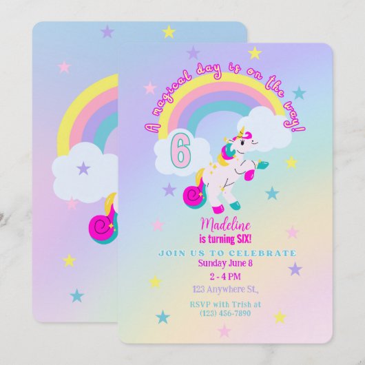 uitnodiging voor 6e verjaardag eenhoorn (Voorkant / Achterkant)