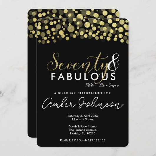 Uitnodiging voor 70ste verfeestdag, zwart en goud (Voorkant / Achterkant)