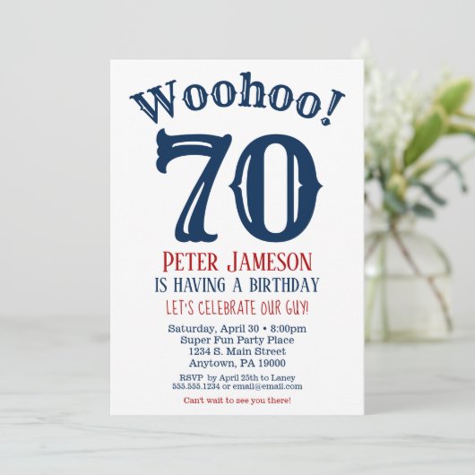 Uitnodiging voor 70ste verjaardag Heren Navyblauw (Staand voorkant)