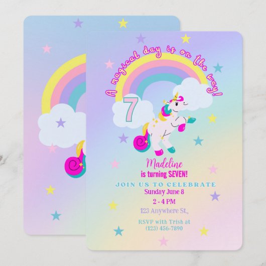 uitnodiging voor 7-jarige eenhoorn (Voorkant / Achterkant)