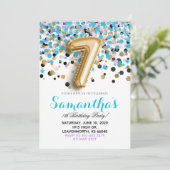Uitnodiging voor 7de verjaardag met confetti (Staand voorkant)