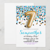 Uitnodiging voor 7de verjaardag met confetti (Voorkant / Achterkant)