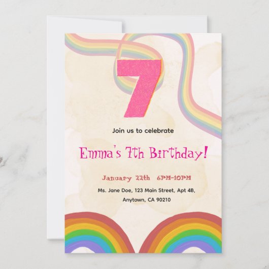 Uitnodiging voor 7e verjaardag van Rainbow Girl (Voorkant)