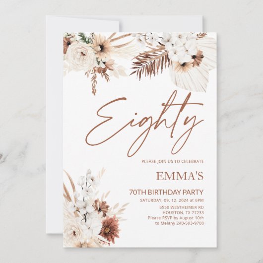 Uitnodiging voor 80e verjaardag Boho Pampas (Voorkant)