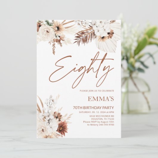 Uitnodiging voor 80e verjaardag Boho Pampas (Staand voorkant)