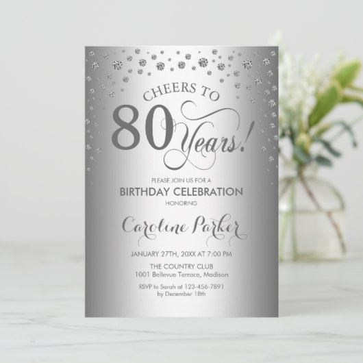 Uitnodiging voor 80e verjaardagsfeestje - Zilver (Staand voorkant)