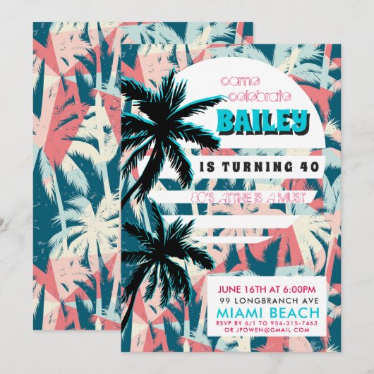 Uitnodiging voor 80's Miami verjaardagsfeest (Voorkant / Achterkant)