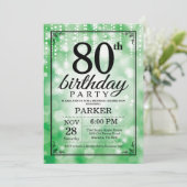 Uitnodiging voor 80ste verjaardag groene glitter (Staand voorkant)