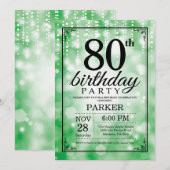 Uitnodiging voor 80ste verjaardag groene glitter (Voorkant / Achterkant)