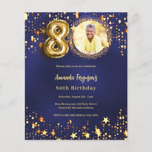 Uitnodiging voor 80ste verjaardag met navyblauwe f (Voorkant)