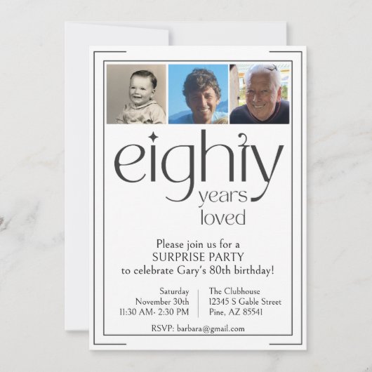 Uitnodiging voor 80ste verjaardagsfeestje in zwart (Voorkant)