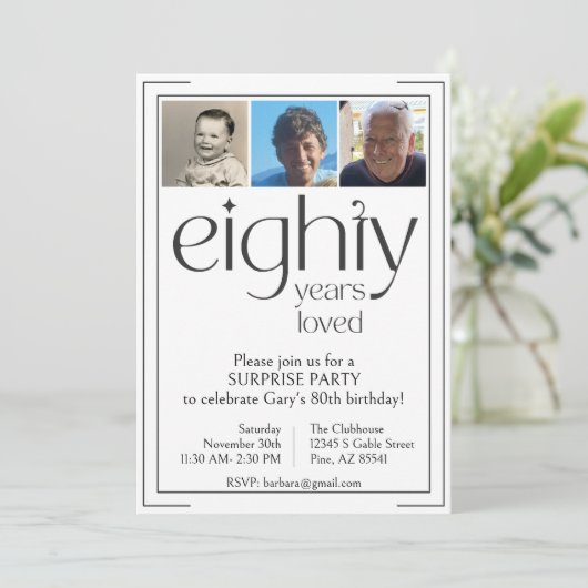 Uitnodiging voor 80ste verjaardagsfeestje in zwart (Staand voorkant)
