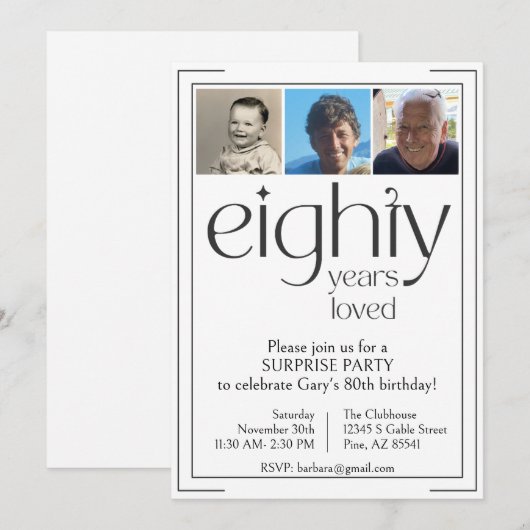 Uitnodiging voor 80ste verjaardagsfeestje in zwart (Voorkant / Achterkant)