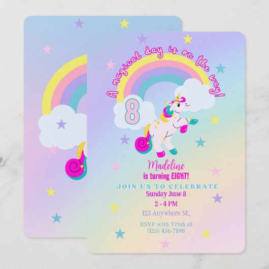  uitnodiging voor 8e verjaardag eenhoorn (Voorkant / Achterkant)