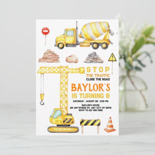 Uitnodiging voor 8ste verjaardag Bouw (Staand voorkant)