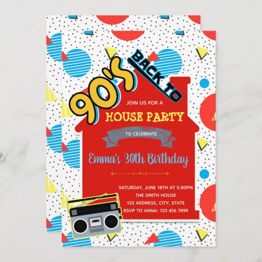 Uitnodiging voor 90s House-feest (Voorkant / Achterkant)